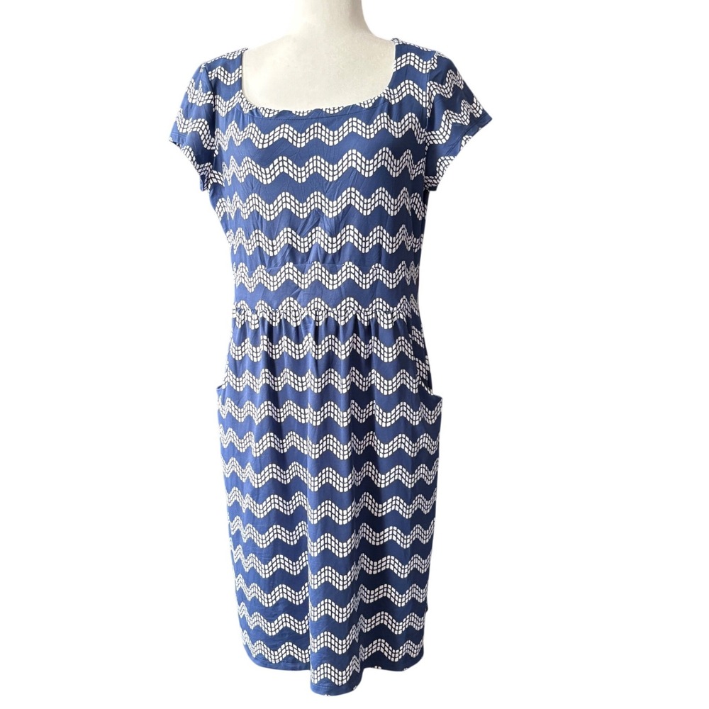 J. McLaughlin Catalina Cloth Dress Blue White Wave Print Pockets Size Large